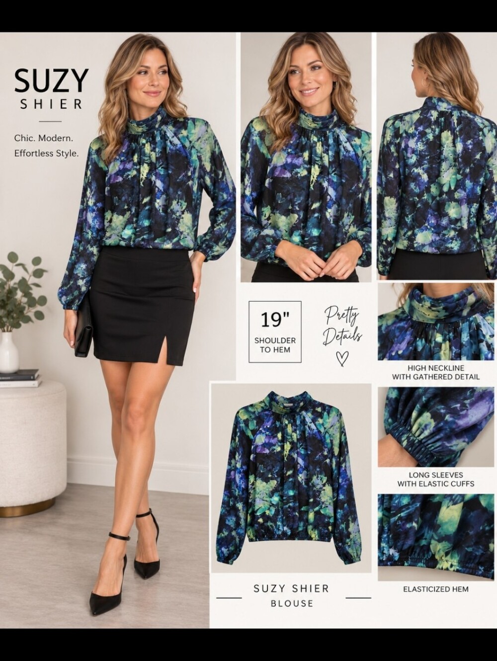 Suzy Shier Blue & Green Floral Long-Sleeve Blouse
